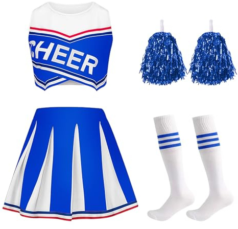 Crazycos Cheerleading Uniform Kleid,Cheerleadering Outfit Mädchen, 4PCS Cheerleader Kostüm Kinder für Karneval Halloween, Fasching, Mottoparty-Blue S