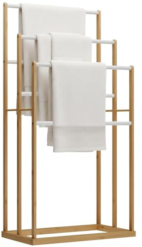 CLP Porte-Serviettes sans percer Bois Malami, Porte-Serviettes autoportant Bambou INOX, Porte-Serviettes pour Salle de Bain, Couleur:Nature