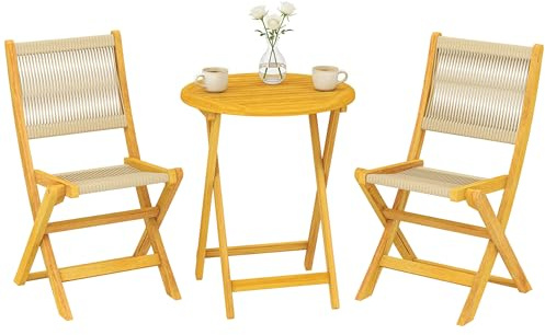 Outsunny Salon de Jardin 3 Pièces 2 Chaises Pliables Table Ronde Naturel | Bois d'Acacia, Cordage PP, Ensemble Bistro, Mobilier Extérieur Design Boho, Balcon Terrasse Jardin