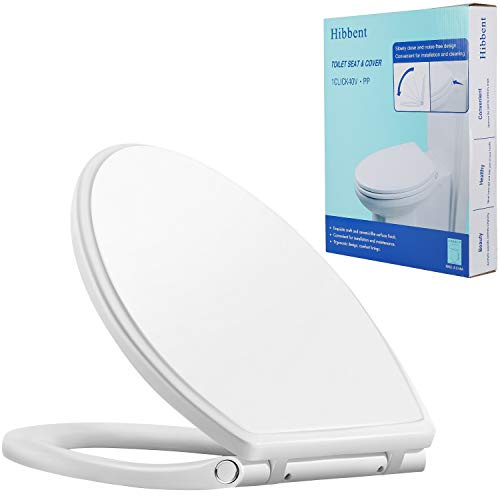 Hibbent Premium Elongated Toilet Seat with Quiet Close, One-Click to Quick Release, Installation Non-Slip Seat Bumpers, Slow Toilet Seat and Cover, Cleaning-White Color
