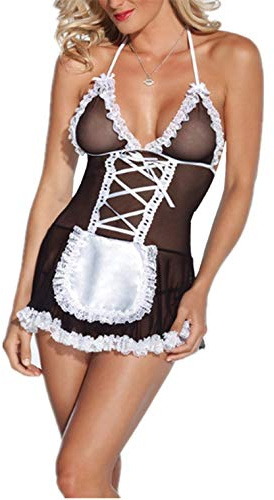 Cabeen Femme Erotique Lingerie Cosplay Costume Soubrette Dentelle Bandage Lace Nuisette Babydoll G String