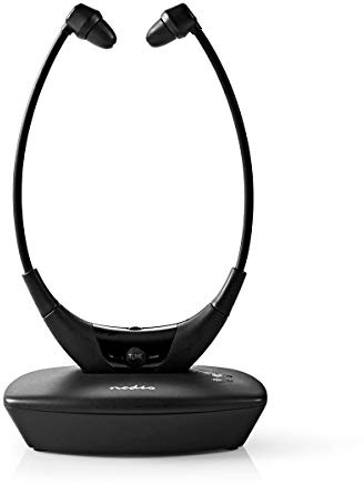 Nedis HPRF010BK Drahtloser TV-Kopfhörer - RF In-Ear Kopfhörer - 35 m Reichweite - 200 mAh Akku - 4 Stunden Betriebsdauer - Ladestation - Schwarz