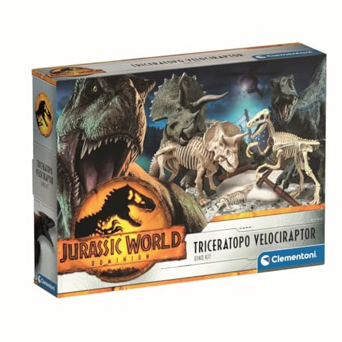 Clementoni 19289 Jurassic World 3 - Kit d'excavation Triceratops & Velociraptor Jouet passionnant à découvrir pour Explorer Les fossiles de Dinosaures pour Les Petits chercheurs à partir de 6 Ans
