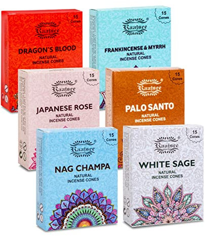 raajsee Natural Incense Cones,6 Pack Mixed Scents Gift pack 15 pc Each (90 Total), Insense Cones Variety Pack, 100% Organic Non Toxic Natural - Hand rolled free from Chemicals (PACK 2)