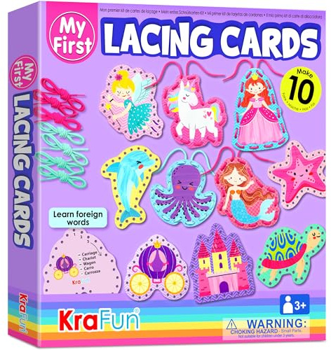 KRAFUN Unicorn Lacing Card Kit for Kids Ages 3-8, 10 Beginner Arts & Crafts Projects with Princess, Mermaid, Unicorn, Instructions, Preschool Fine Motor Skills Toy, Educational Gift for Toddlers