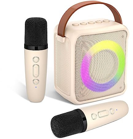 Ankuka Karaoke-Spielzeug für Kinder & Erwachsene mit 2 Mikrofonen, tragbare Karaoke-Maschine mit LED-Licht und Sprachveränderungseffekten, Geschenke für Alter 3-18 Kinder, Jungen, Mädchen,（Beige）
