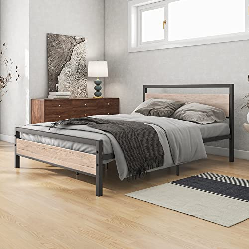 BOFENG Cadre de lit double 4ft6 avec tête de lit en bois, Cadre de lit plateforme en métal robuste pour lit double sans sommier, Base de matelas/Rangement sous le lit/Support à lattes en acier robuste