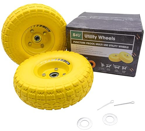 S4U 2x10” Sack Barrow Hand Truck Trolley Cart Wheelbarrow Solid Wheel 3.5-4 PU Heavy Duty Puncture Proof 16mm Bearing Wheel Nylon locking nuts (Yellow)