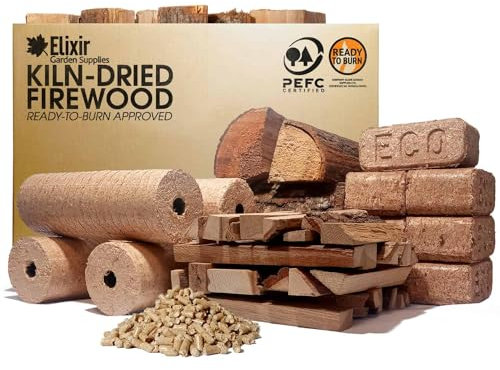 Elixir Gardens Kiln Dried Firewood | Round Birch Briquettes | Premium, Recycled Compressed Wood Heat Fuel Logs for Stoves, Log Burners & Open Fires | 5 Pack x 1