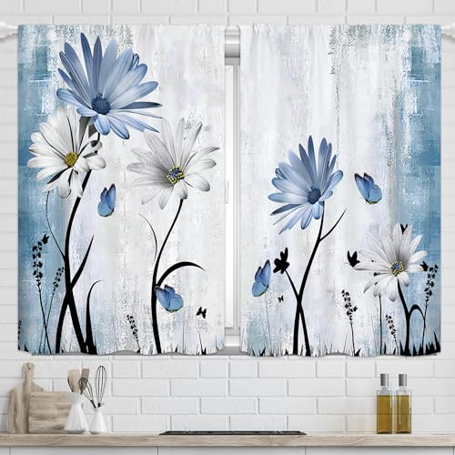 Yorida Blaue Blumen-Küchenvorhänge, weiße Blume, kleine Fenstervorhänge, rustikale Bauernhaus-Vorhänge für Küche, Landhaus, Badezimmer, Fensterbehandlungsvorhänge, 70 x 99 cm, 2 Paneele
