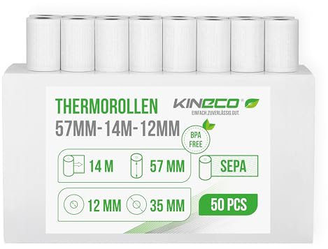 Kineco Ec-Cash Kassenrollen 57mm x 14m x 12mm - Thermorollen, Thermopapier, Bonrollen für Bankomat - Kredit-Kartenlesegeräte (57x35x12) mit SEPA Lastschrifttext (50 Rollen)