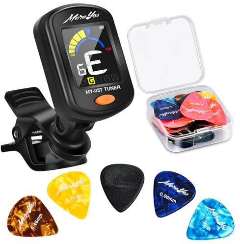 MOREYES Rechargeable Guitar Tuner Clip On with 28Pcs Guitar Picks, Guitar Tuner for Acoustic Guitar, Electric Guitar, Bass, Ukulele & Chromatic Tuning Modes, Full Color Display