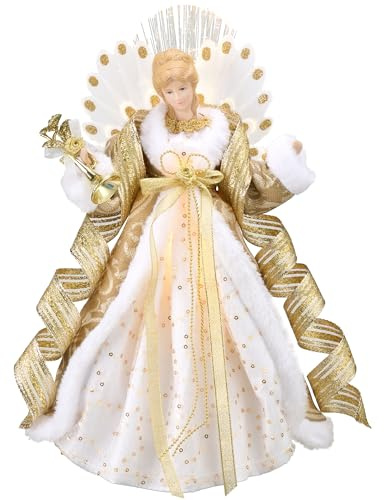 Valery Madelyn Lighted Christmas Tree Topper Angel with Timer, 12 Inch Luxury White Gold Fabric Small Angel Tree Topper with Lights for Christmas Tree Decor Indoor, Battery Operated, Valentines Gifts