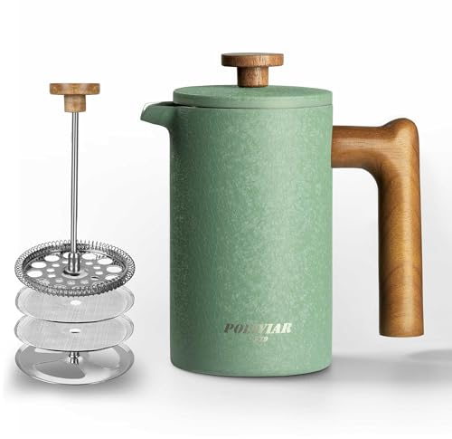 Poliviar French Press Kaffeebereiter 600 ml/21oz, Doppelwandige Isolierte Kaffeekanne und Teebereiter, Handfilter Kaffeepresse mit Plunger & Griff aus Holz, JX2024-SFPLN-DE