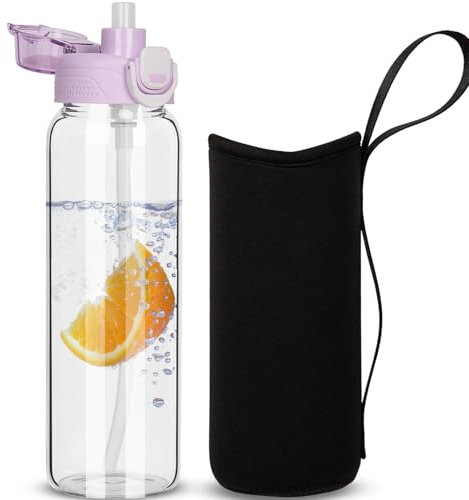 DEARRAY 800ml Glass Water Bottle with Straw & Neoprene Sleeve 0.8l BPA free Glass Drinking Bottle Leakproof