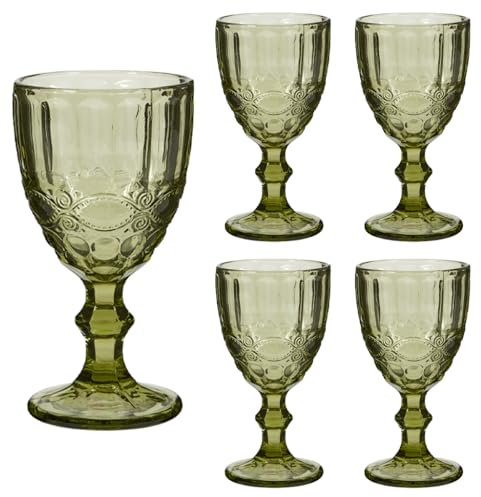 Dibor Wine Glasses Set of 4 Embossed Vintage Style Baroque Wine Goblet Glassware Set Dishwasher Safe Wine Glass Set Colourful Footed Chalice Tumblers (Green)