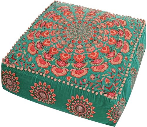 Funda de puf otomano Turquesa con Bordado de Terciopelo - Cojín de Suelo Bordado Suave con diseño marroquí, 60 cm de diámetro, Ideal para Sala de Estar, Dormitorio o Sala de meditación