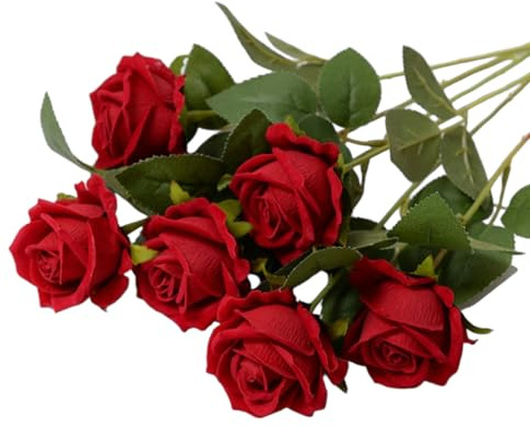 Lot de 10 roses artificielles rouges floquées à tige unique - Bouquet de roses éternelles pour Saint-Valentin, mariage, fête prénuptiale, décoration de jardin