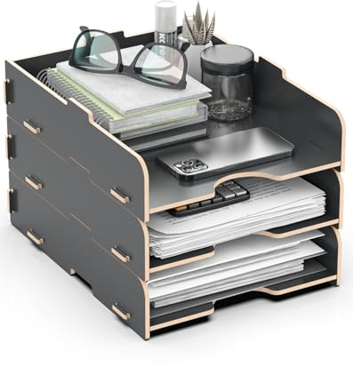 Lesfit Letter/File Tray, wooden Document Tray, Desk Organiser, A4 Format, 3 Layers stackable, Black