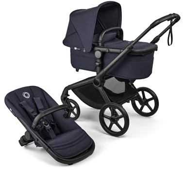 Bugaboo Fox 5 Renew All-Terrain Stroller, 2-in-1 Baby Pushchair, Full Suspension, Easy Fold, Extendable Toddler Seat, One-Handed Manoeuvrability, Black Chassis and Deep Indigo Canopy