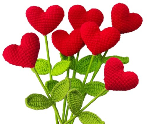 Magicherry Bouquet di 7 fiori artificiali lavorati a maglia all'uncinetto, con cuori rossi, per composizioni floreali, bouquet artigianali, decorazioni per matrimoni, colore: rosso