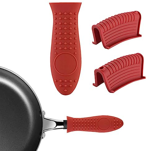 3 Pcs Silicone Hot Handle Holder, Non-Sli-p Pot Holder Sleeves, Kitchen Household Cast Iron Skillet Insulated Pan Handle Cover for Cast Iron Skillets & Metal Frying Pans, Griddles(COLOR:Red)