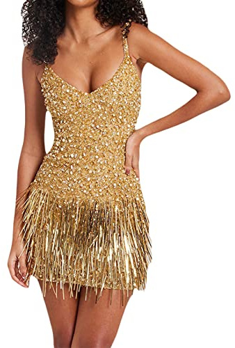 FeMereina Womens Sequin Tassel Fringe Party Dress Sleeveless Spaghetti Straps Flapper Dresses Cocktail Mini Dresses (Golden, XL)