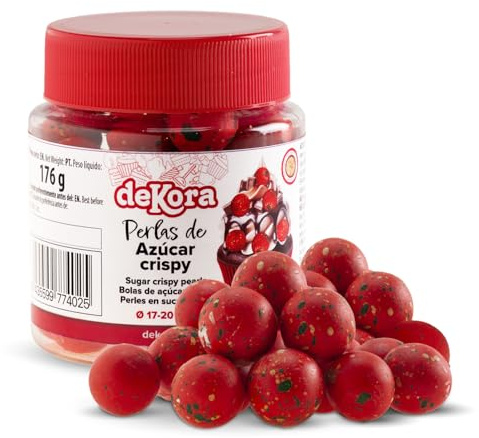 dekora – Perlas de Chocolate Crispy San Valentín – 59 Esferas Crujientes Decorativas en Tono Rojo Jaspeado con Verde y Blanco – Bote 176 g para Tartas y Cupcakes