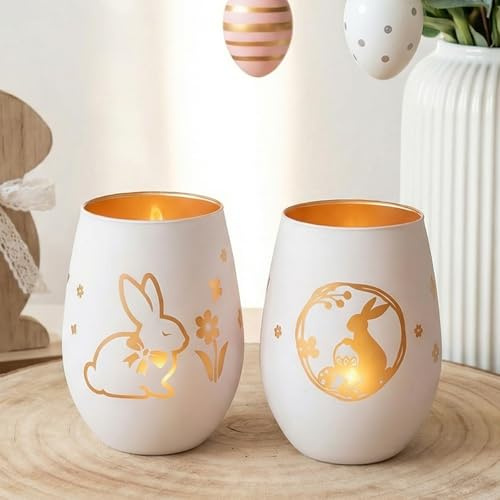 Värmeljushållare glas vitt (1 styck), matt påsk-värmeljusglas med kanin och blomgravyr, elegant ljusglas för votivljus, vintage ljushållare glas som vårdekoration och bordsdekoration