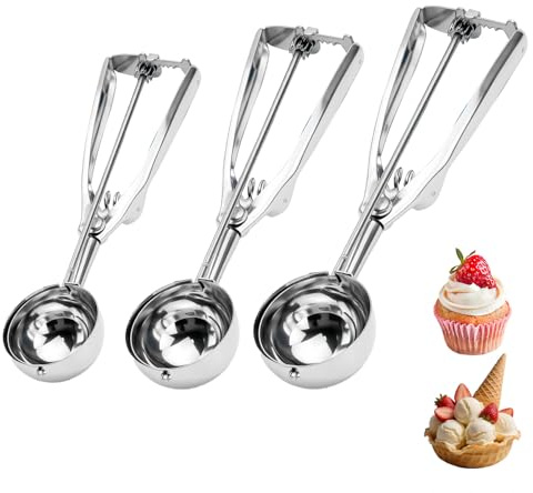 XxinXrong Juego de 3 cucharas de acero inoxidable para helado con disparador (15/30/45 ml) – Para bolas perfectas de helado, masa de galletas, magdalenas y albóndigas – Apto para lavavajillas y