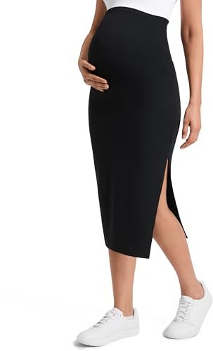 CRZ YOGA Butterluxe Maternity Side Split Midi Skirt - Bodycon Womens Pregnancy Casual Pencil Over The Belly Stretchy Soft Black Small