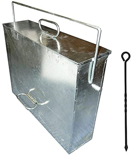 Srendi® Fireside Silver Ash Carrier Galvanised Metal Hot Tidy Box Container Fireplace Pan Bucket Bin Ash Storage Box wih Free Poker