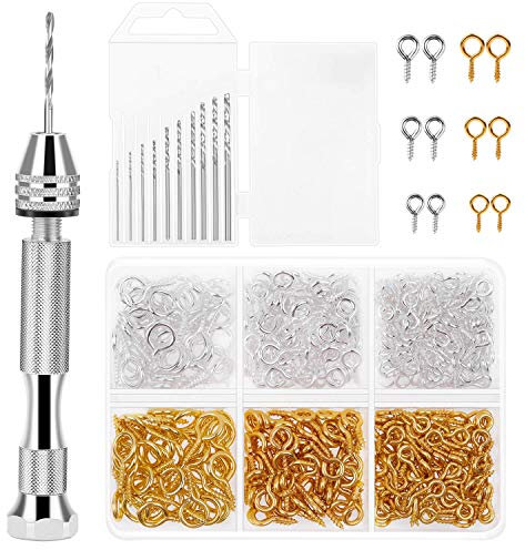 shynek - Morsa a perno per stampi in resina, trapano a mano per la creazione di gioielli, strumenti in resina, include 1 trapano a mano, 10 punte da trapano, 480 viti a occhiello per portachiavi fai