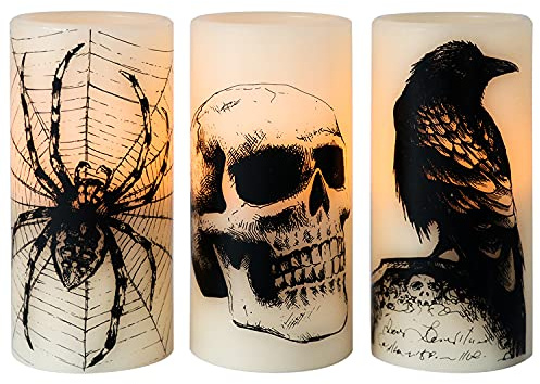 Eldnacele Halloween LED Flameless Flickering Candles Battery Operated with 6H Timer Skull Spider Web Crow Raven Spooky Decals Halloween Themed Indoor Decoration(3 Pack, D3 x H6)