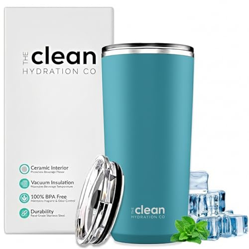 The Clean Hydration Company Tumbler Insulated with Lid, Double-Wall Vacuum, 20 Oz Travel, Office Tumbler, Hot & Cold Drinks, Ceramic Interior, Spill-Proof, BPA-Free, No Metal Taste