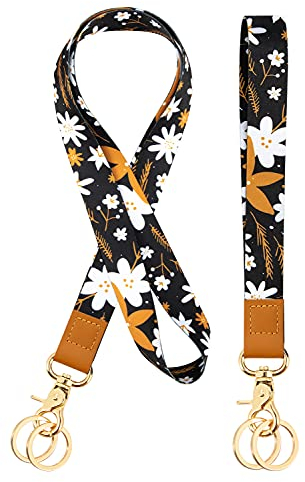 Schlüsselband für das Handgelenk Schlüsselband Lanyard Umhängeband 2 Stücke mit 4 Schlüsselbund Für Ausweishalter, Handy, Schlüssel, Geldbörsen(White Flowers)