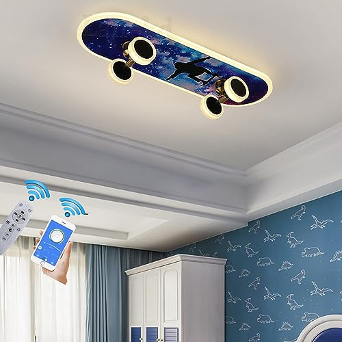 Lanekd LED Ceiling Lights Skateboard Lamp Children's Room Bedroom Decor Ceiling Lamp Modern Dimmable with Remote Control APP Control RGB Kids Girls Boys Lamps Children Youth Room Hanging Light (A05)