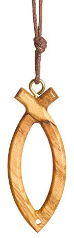 Jesus Fisch Ichthus Olivenholz Symbol Kreuz Halskette handgefertigt in Nazareth