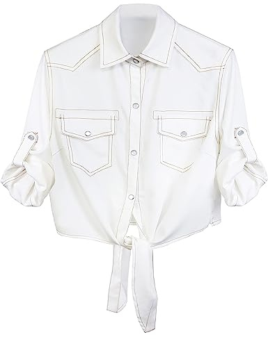 SeekMe Womens Denim Shirts Tie Front Crop Top Button Down Chambray Jean Shirts(0130-White-S-QB)