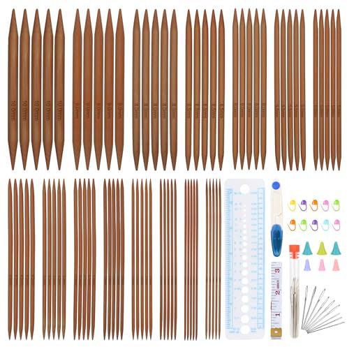 Coopay Bambus Stricknadeln Set, 75 Stück Doppelspitzen Stricknadel mit Strickzubehör, 15 cm Leicht Gerade Nadelspiel, 2,0-10 mm Stricknadeln für Socken Stricken Anfänger Sockennadeln, Karbonisierung
