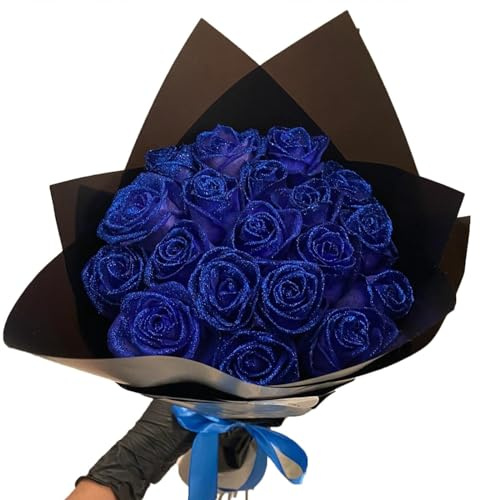 RePaLy Glitterrosbukett, konstgjord rosblommor, bukett, gör-det-själv-bukett, glänsande, falsk rosbukett, kärlekspresent, rosglitter, gör-det-själv-bukett gåvor för alla hjärtans dag gåva (blå, 50 st)
