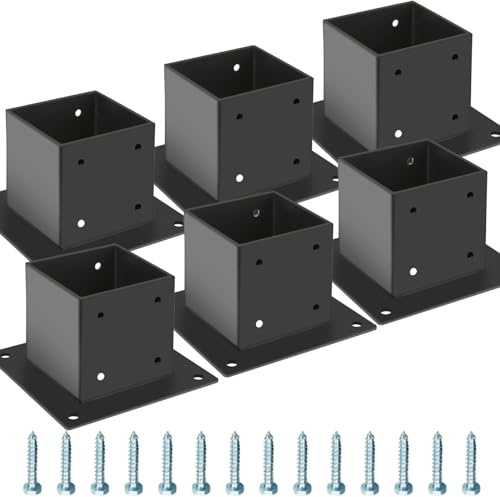 Grehitk 4x4 Post Base 6 Pcs, Black Powder Coated Steel Fence Post Anchor Base, Supports Porch Railing Post Holders Pergola Brackets