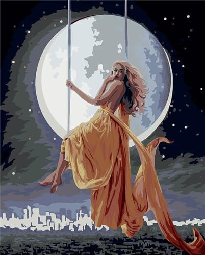 Yoonqun Paint by Numbers for Adults,Moon Swing Woman Painting by Numbers on Canvas,Without Frame DIY Oil Paint by Numbers Acrylic Kits for Home Wall Decor 12x16 inch/30x40cm