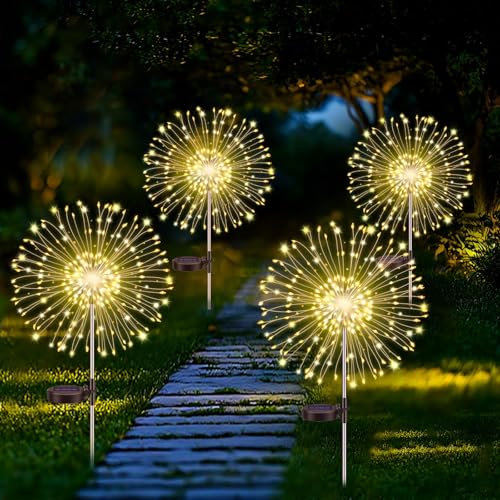 Gartendeko Solar Gartenleuchte Außen, 150 LEDs Weihnachtsbeleuchtung Feuerwerk Solarleuchten, 8 Modi Wasserdicht Solarlichter Pusteblume, für Hinterhof Weg Rasen Terrasse Außen Balkon Deko, 4 Stück