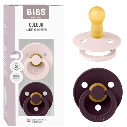 BIBS Colour Dummy, 6-18 Months, 2-Pack, Round Teat, Petal/Plum | Natural Rubber Latex | Size 2 | BPA-Free | Made in Denmark | High Teat Acceptance | Airflow Holes | Comfort Shield