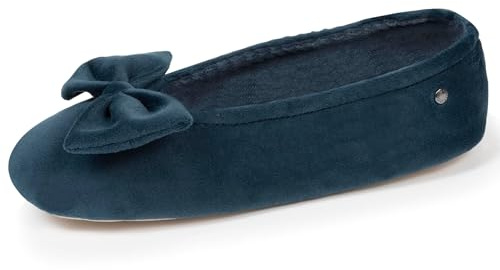 Isotoner Chaussons pantoufles Ballerines femme ultra confortables, semelle en cuir, détail grand nœud, 37/38, bleu canard