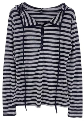 Harajuku överdimensionerad tröja med huva Y2K Grunge randig pullover sweatshirt tonårstjejer emo alternativa streetwear toppar, Grå, M