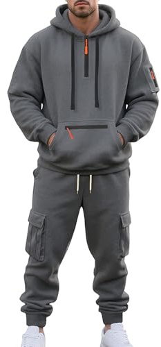 amropi Tuta da Ginnastica con Cappuccio da Uomo Felpa con Cerniera 1/4 e Pantaloni Cargo Sportivo da Jogging Set Grigio Scuro, XXL