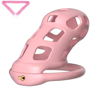 Cage de Chasteté en Silicone pour Pénis Sex Toýs Homme Cage Chastetée Respirante d'un Verrou Dissimulé et 4 Anneaux ABS Chastity Cage Man Rose avec Ceinture pour Bondage le Pénis (L)