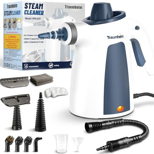 Traumheim Limpiador a vapor, limpiador de vapor de mano para el hogar multiusos con accesorios de 14 piezas, 3 bares de presión de vapor 350 ml, 1200 W, limpiador de vapor sin químicos, limpieza de